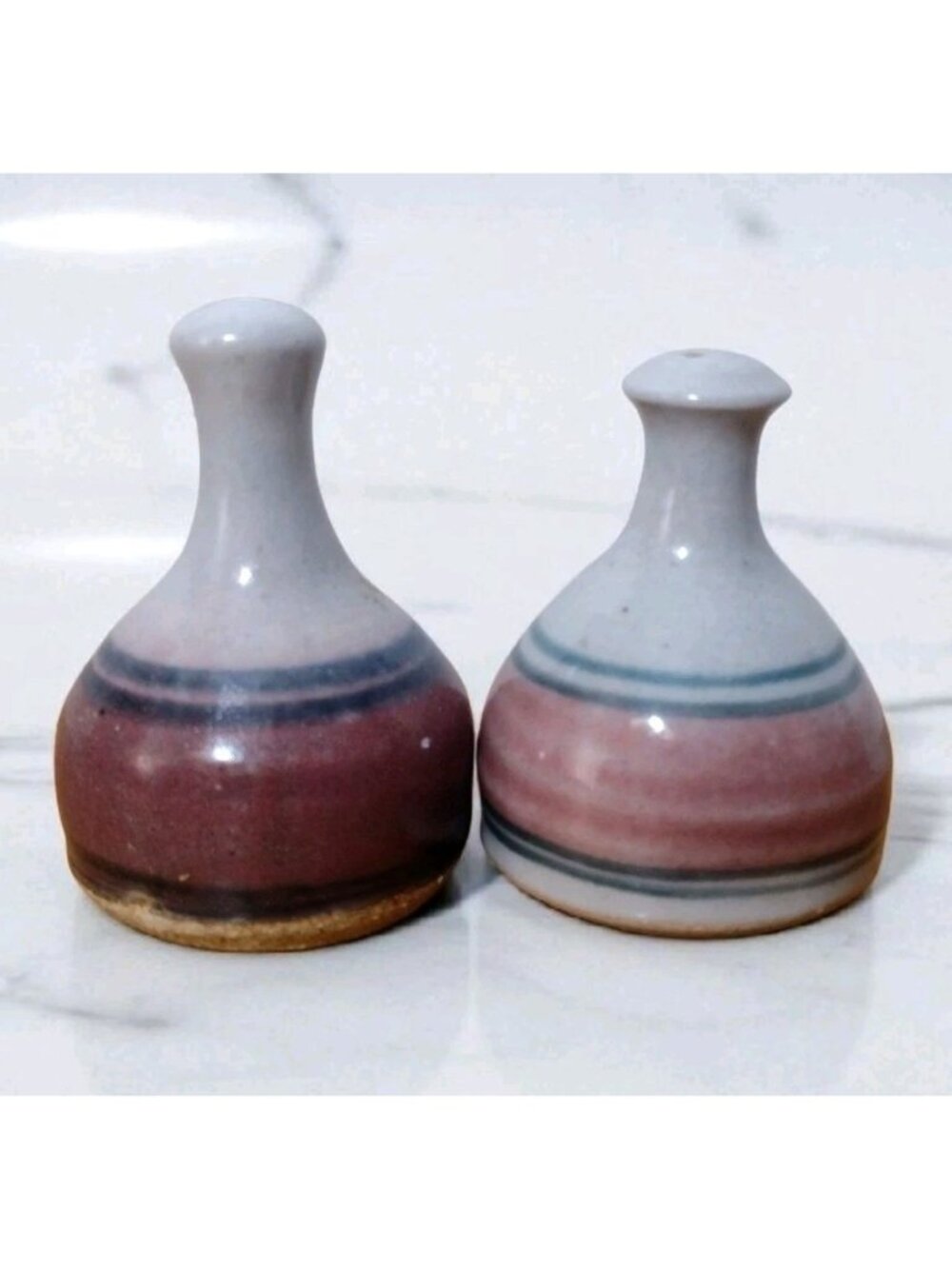Art Pottery Bottleneck Stoneware Salt Pepper Shakers Signed Vintage Handmade 3"